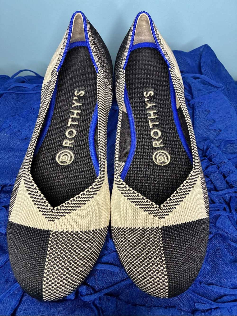 Rothy's Black & Cream Knit Pointed-Toe Flats with Blue Trim